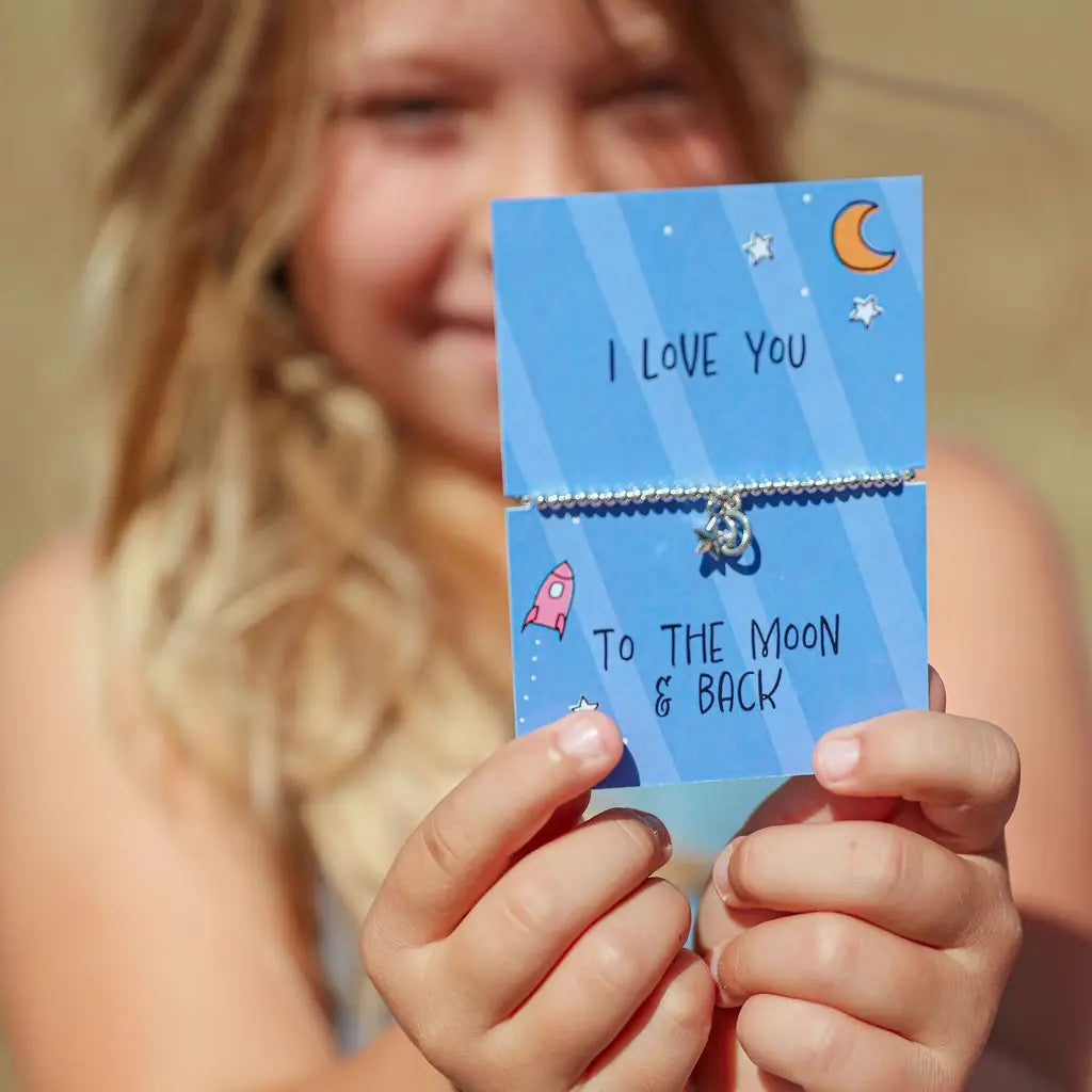 Letterbox Love - I Love You to Moon &amp; Back - Moon &amp; Star - CHILDREN'S - Silver Plated Stretch Bracelet