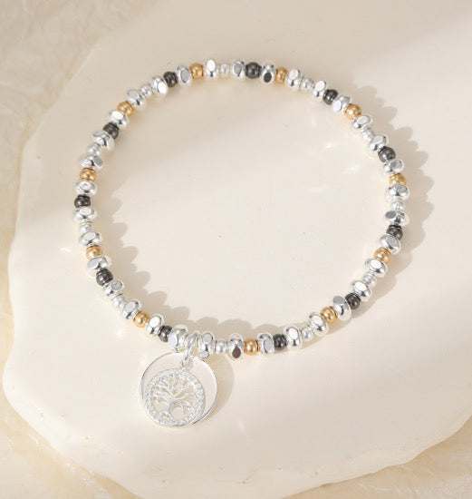 Gracee Jewellery - Tree Of Life Charm Three Tone Stretch Bracelet - Gold/Silver/Hematite
