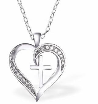 Byzantium Sparkling Encrusted Crystal Heart encircled Cross Pendant Necklace - Silver