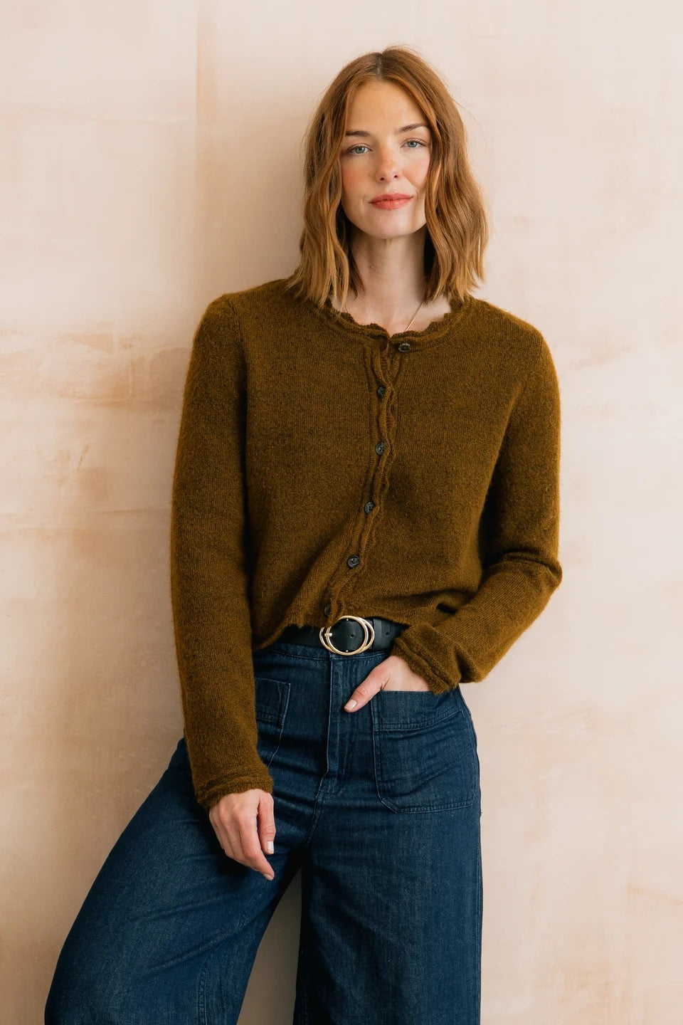Elodie - Scallop Neck Outfitter Knit Cardigan - Burnt Caramel - Lily &amp; Me