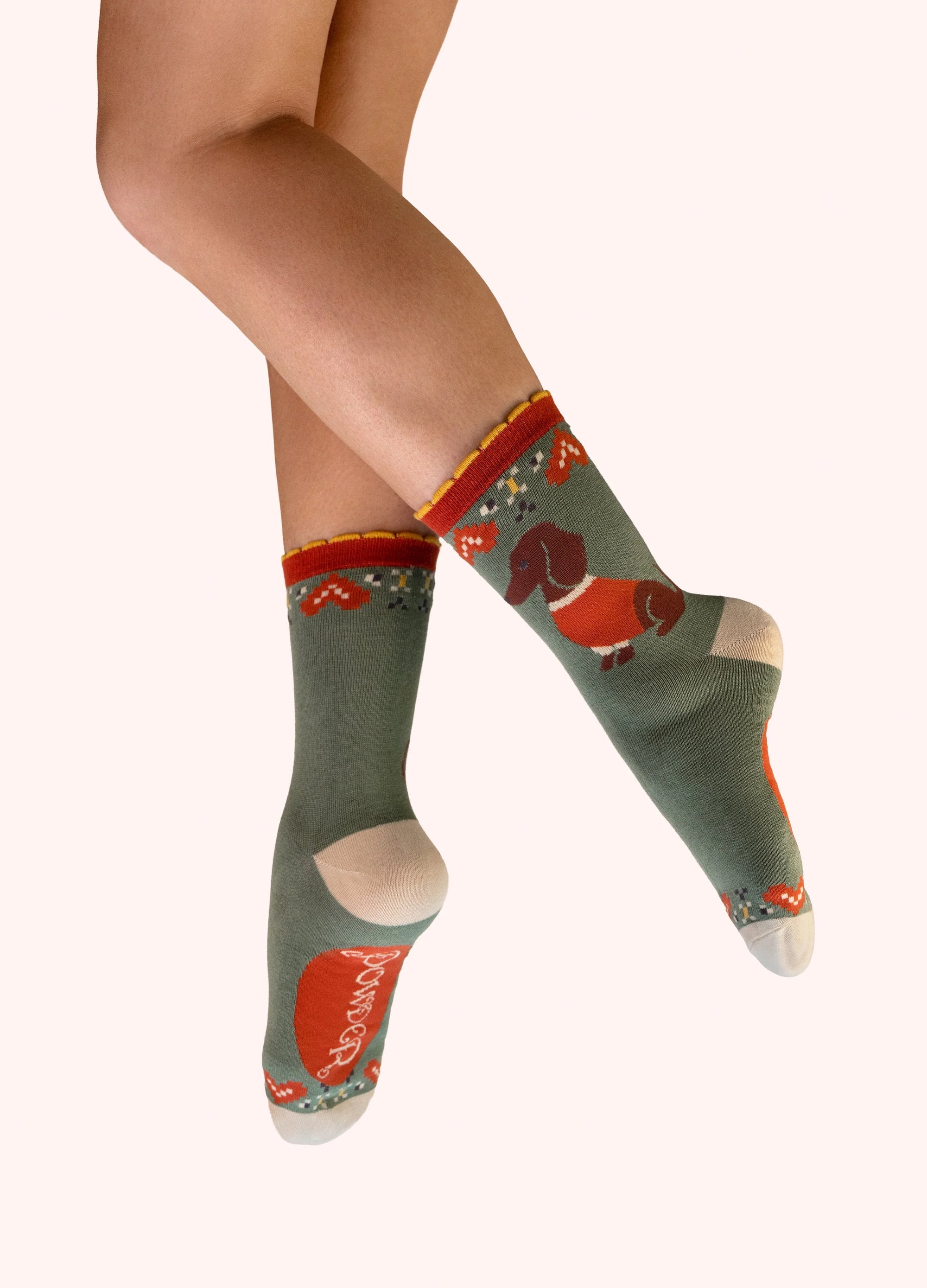 Powder - Snuggle Sausage Dogs - Ladies Bamboo Ankle Socks - Sage Green