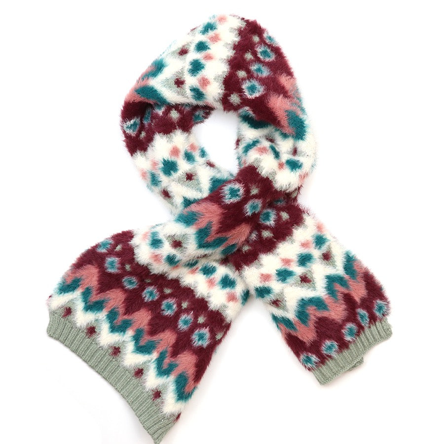 POM - Imogen - Patterned Faux Fur Knitted Pull Through Scarf - Duck Egg &amp; Wine Multi