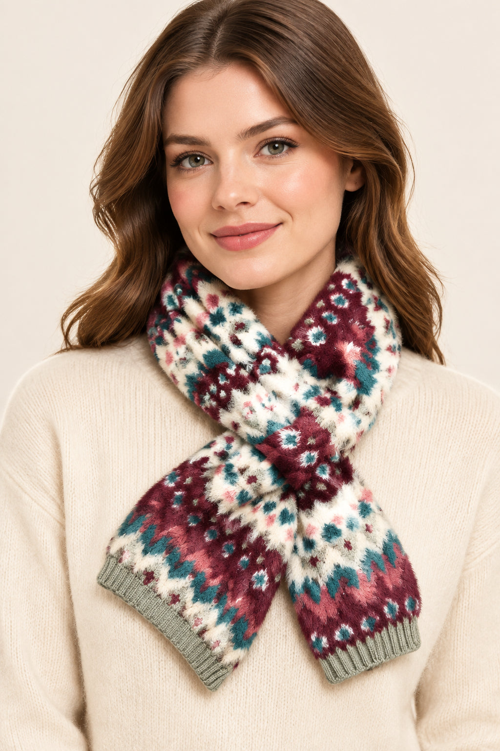 POM - Imogen - Patterned Faux Fur Knitted Pull Through Scarf - Duck Egg &amp; Wine Multi