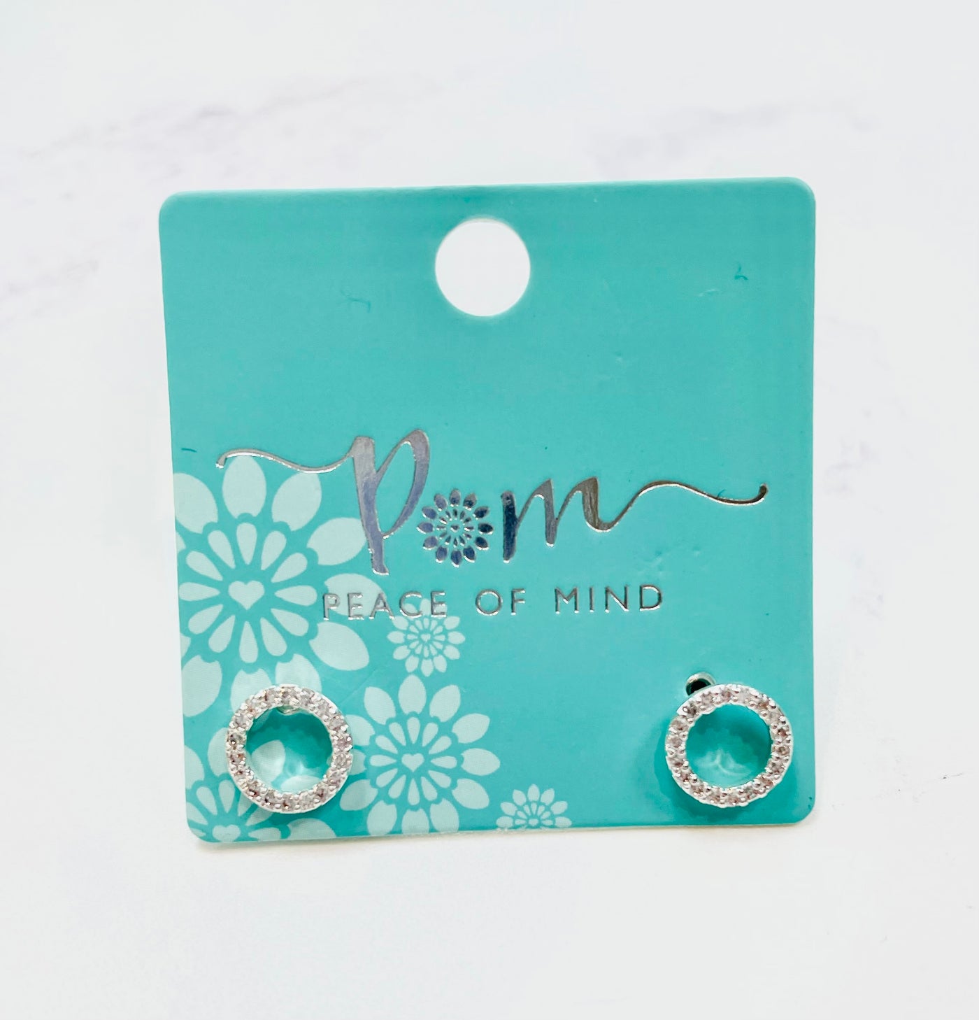 POM Silver Plated Pave Diamante Circle Stud Earrings