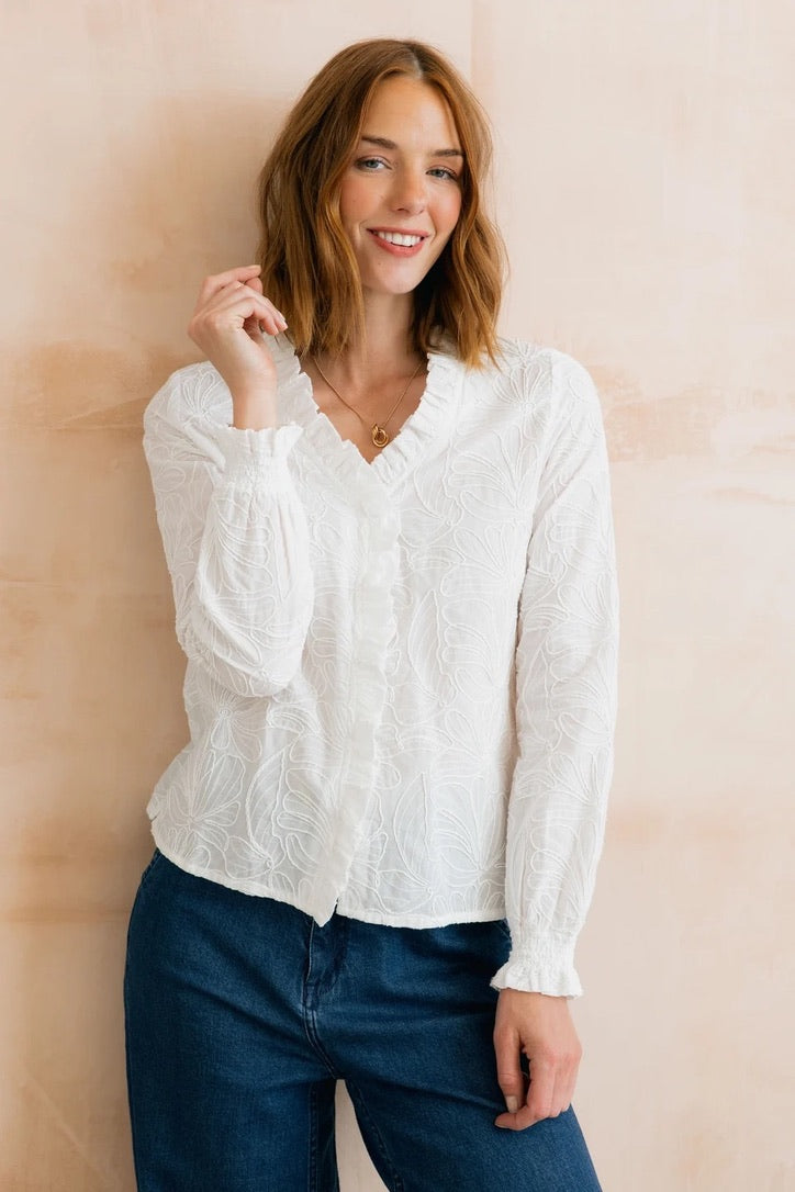 Kit Ruffle Abstract Bloom Embroidered Blouse - White - Lily &amp; Me