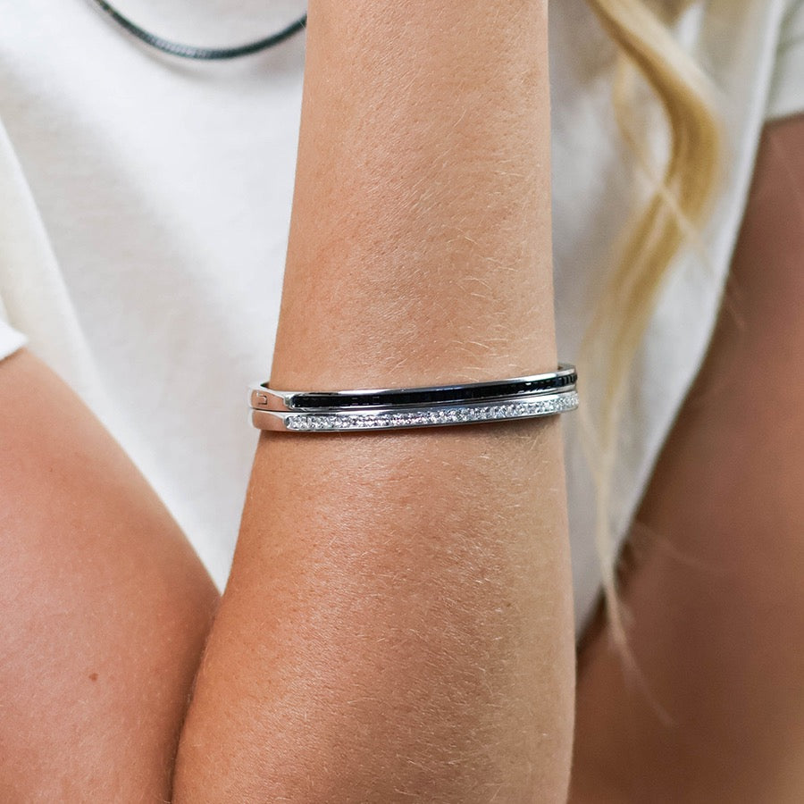 POM WATERPROOF - Elera Stainless Steel Crystal Bangle - Silver/Clear