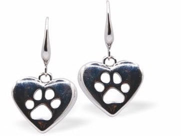 Byzantium-  Silver Heart with Paw Print - Drop Earrings