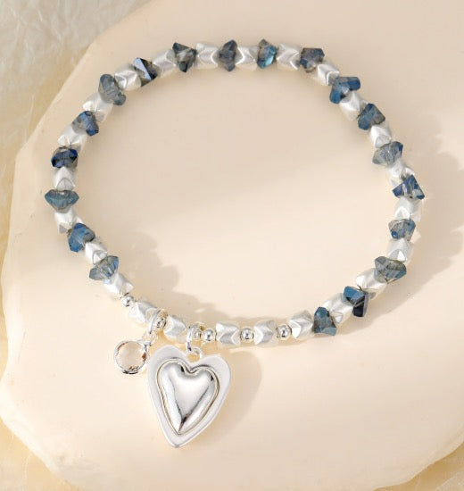 Gracee Jewellery - Silver &amp; Blue Crystal &amp; Heart Charm - Stretch Bracelet