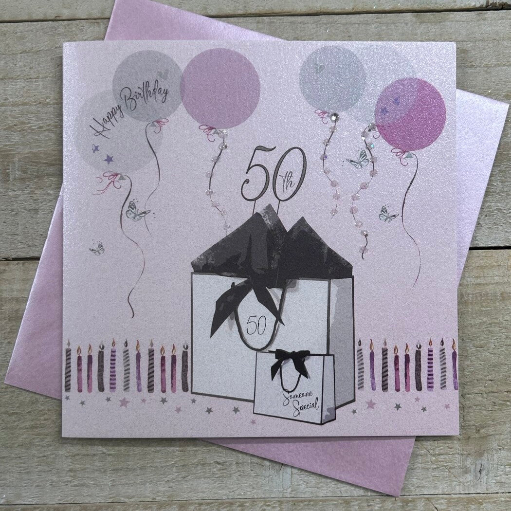 Happy 50th Birthday Gift Bags &amp; Balloons Blush Pink Card - White Cotton Cards
