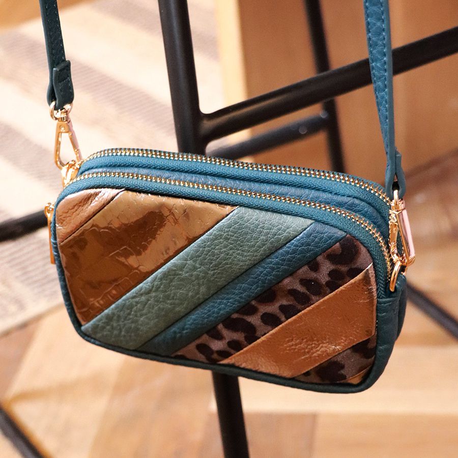 POM Teal Mix Metallic Patchwork Striped Crossbody Bag