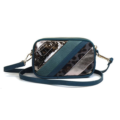 POM Teal Mix Metallic Patchwork Striped Crossbody Bag