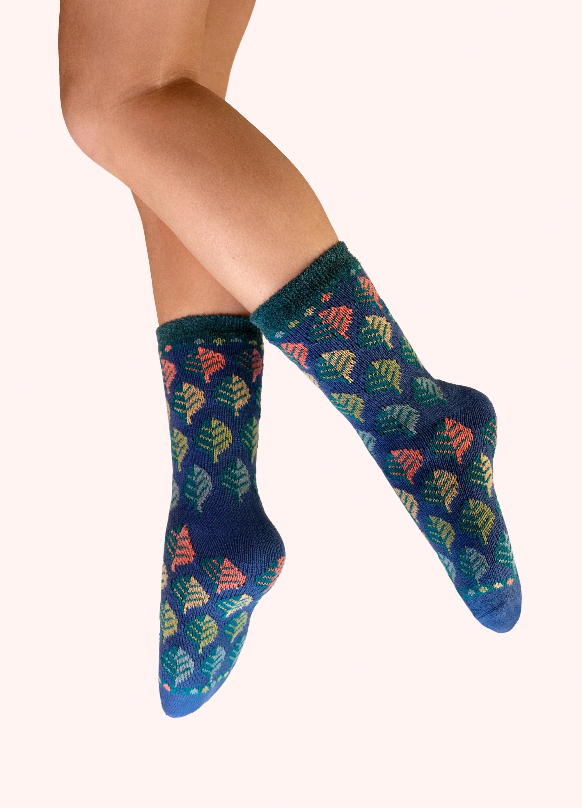 Powder - Leaves - Ladies Thick Cosy Lined Ankle Socks - Blue