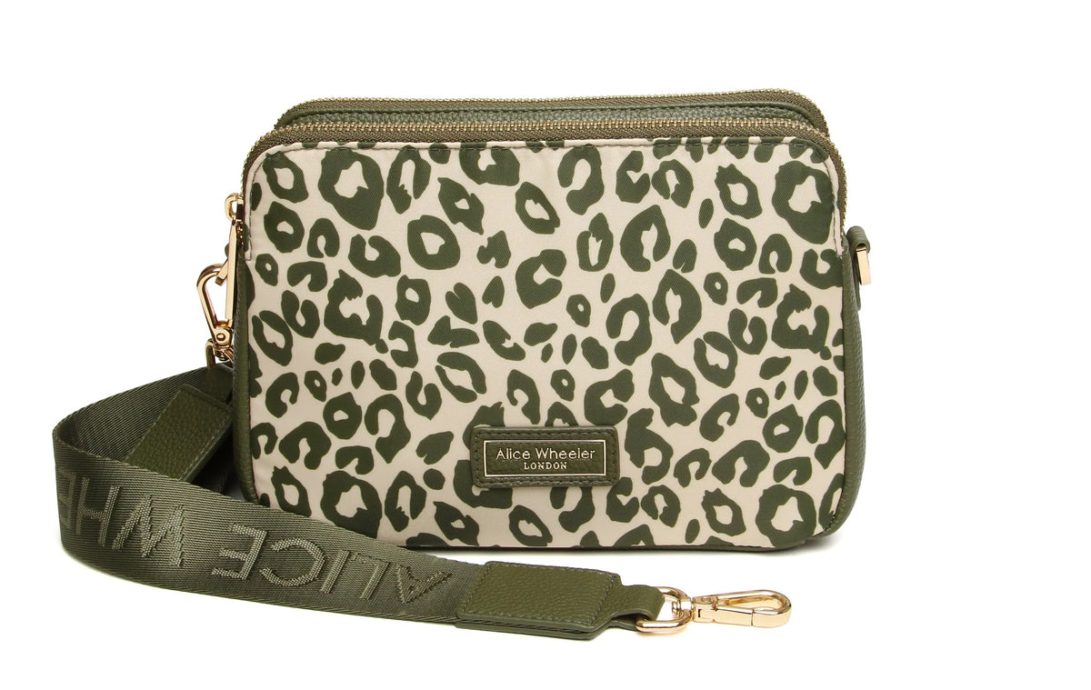 Alice Wheeler- Olive Leopard Print - Soho Dual Double Zip Crossbody Handbag