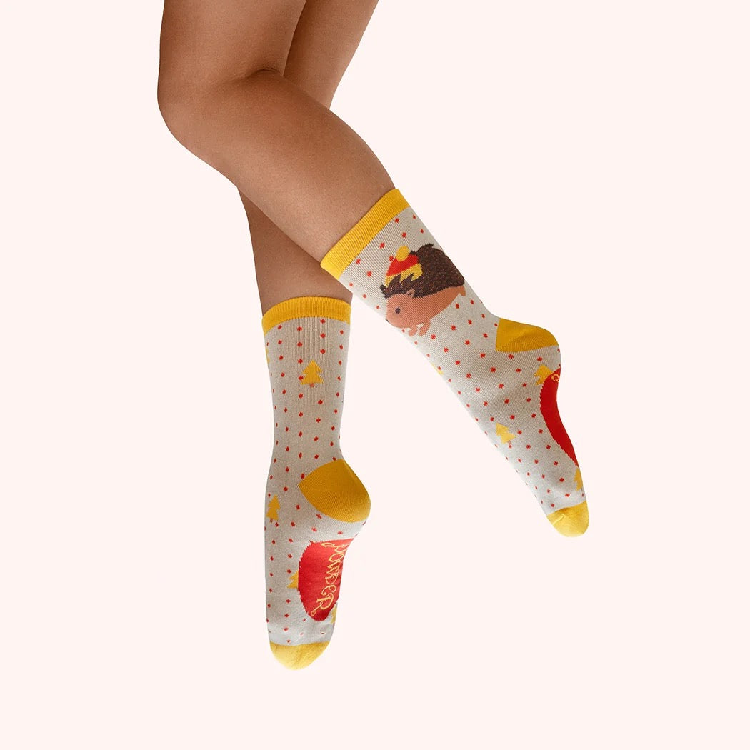 Powder - Hedgehog in a Hat Glitter - Ladies Bamboo Ankle Socks - Cream