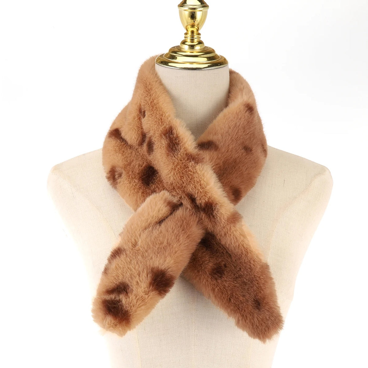 Park Lane - Satin Lined - Faux Fur Pull Through Scarf - Beige - Animal Spot Print