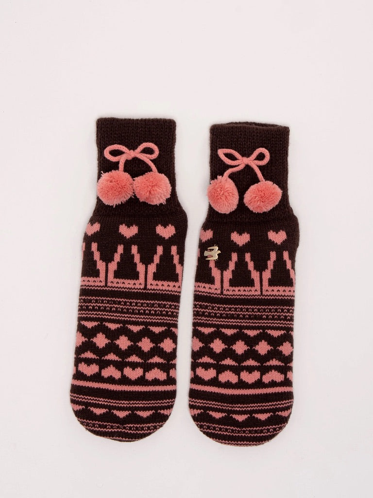 Brakeburn - Pom Pom Patterned Knitted Slippers - Brown/Pink