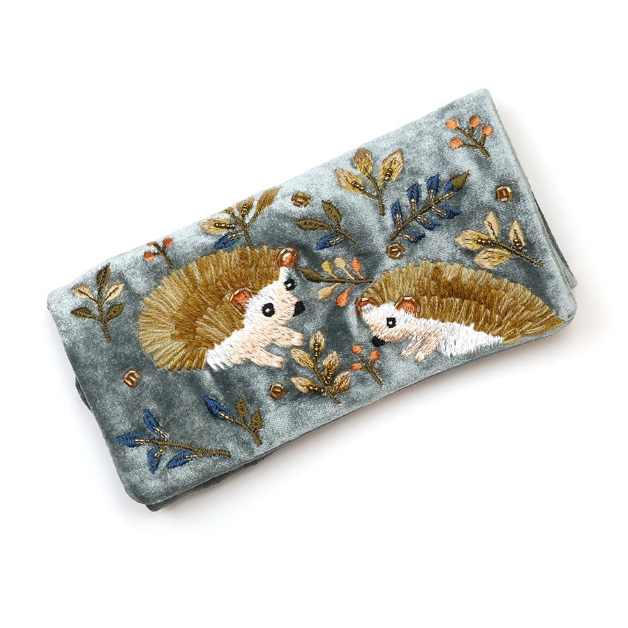 POM - Grey Velvet - Hedgehogs - Embroidered Jewellery Roll