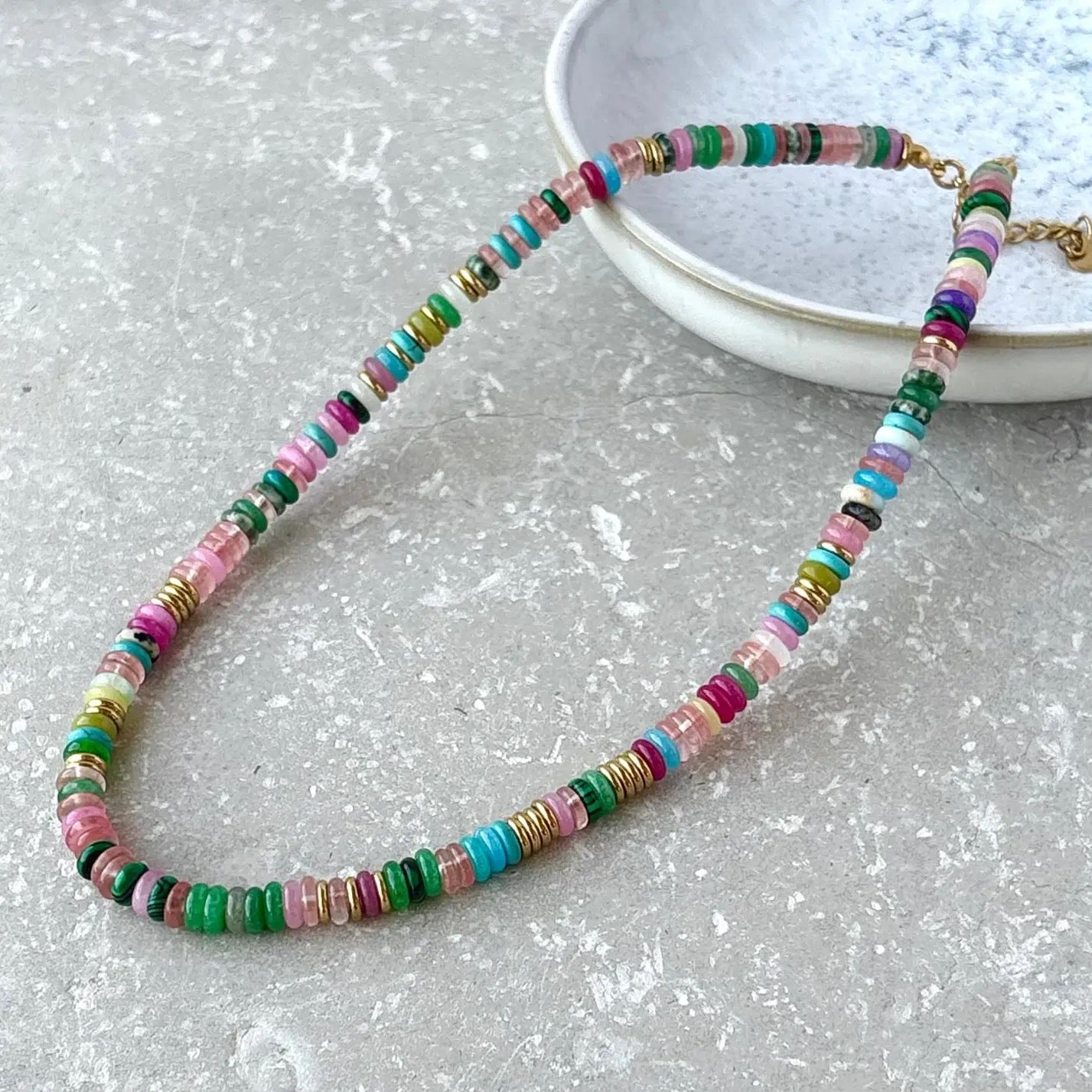 Multicoloured Stone Full Beaded Necklace with Gold  - Flax Barn Waterproof Jewellery