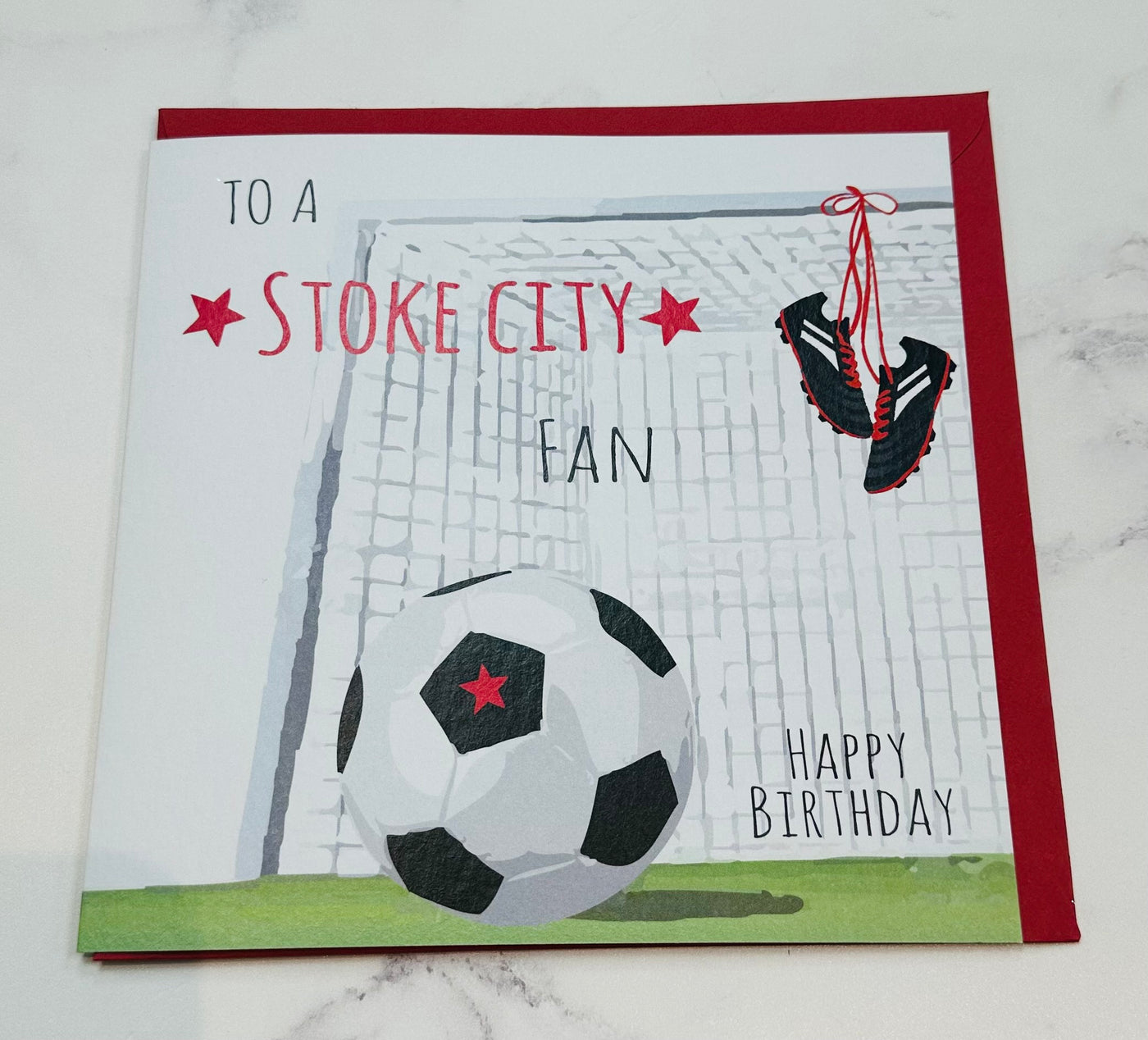 White Cotton Cards Stoke City Fan Goal & Boots Birthday Card