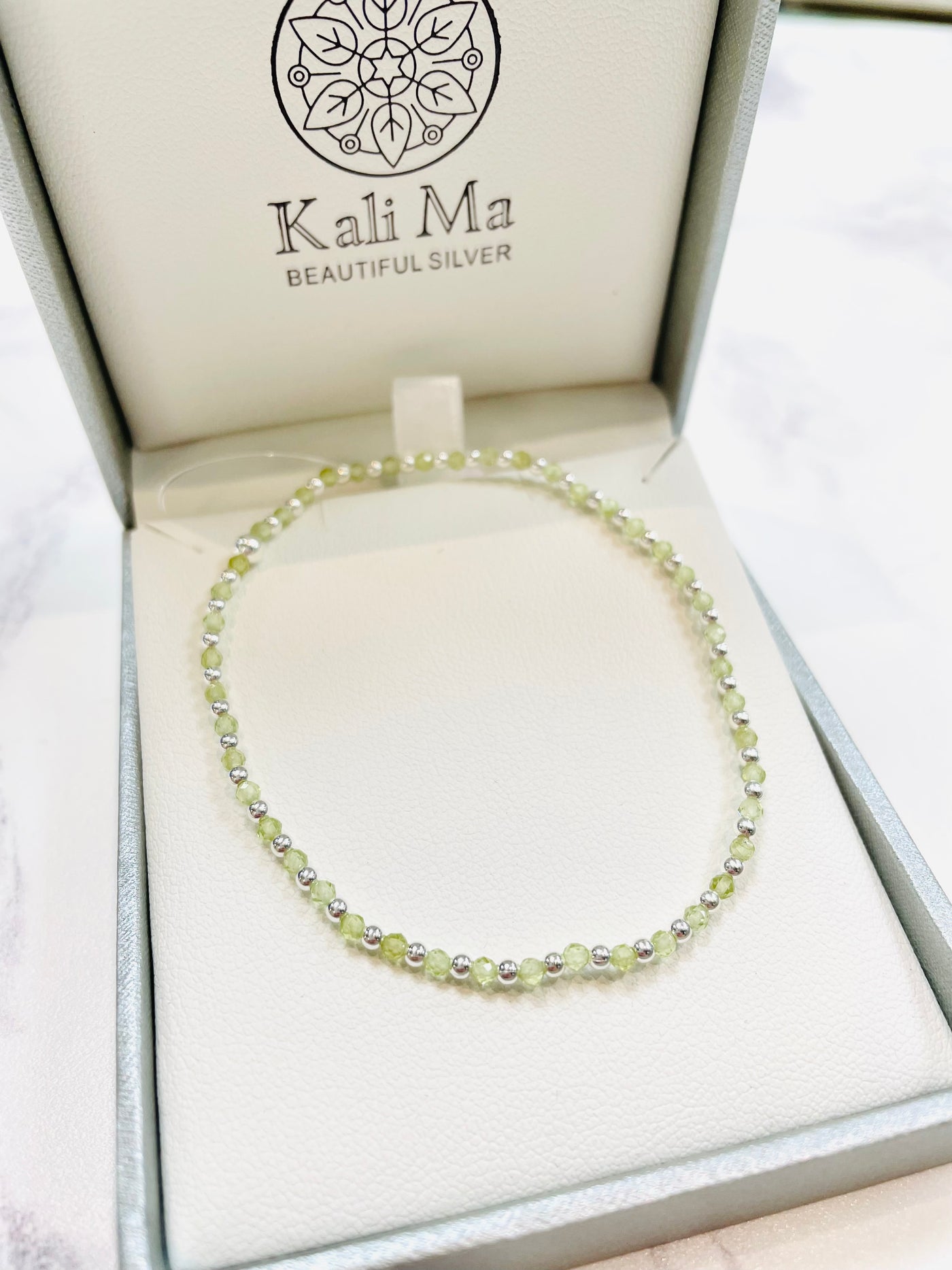 Kali Ma Peridot Green Gemstone Dainty Stretch Sterling Silver Bracelet
