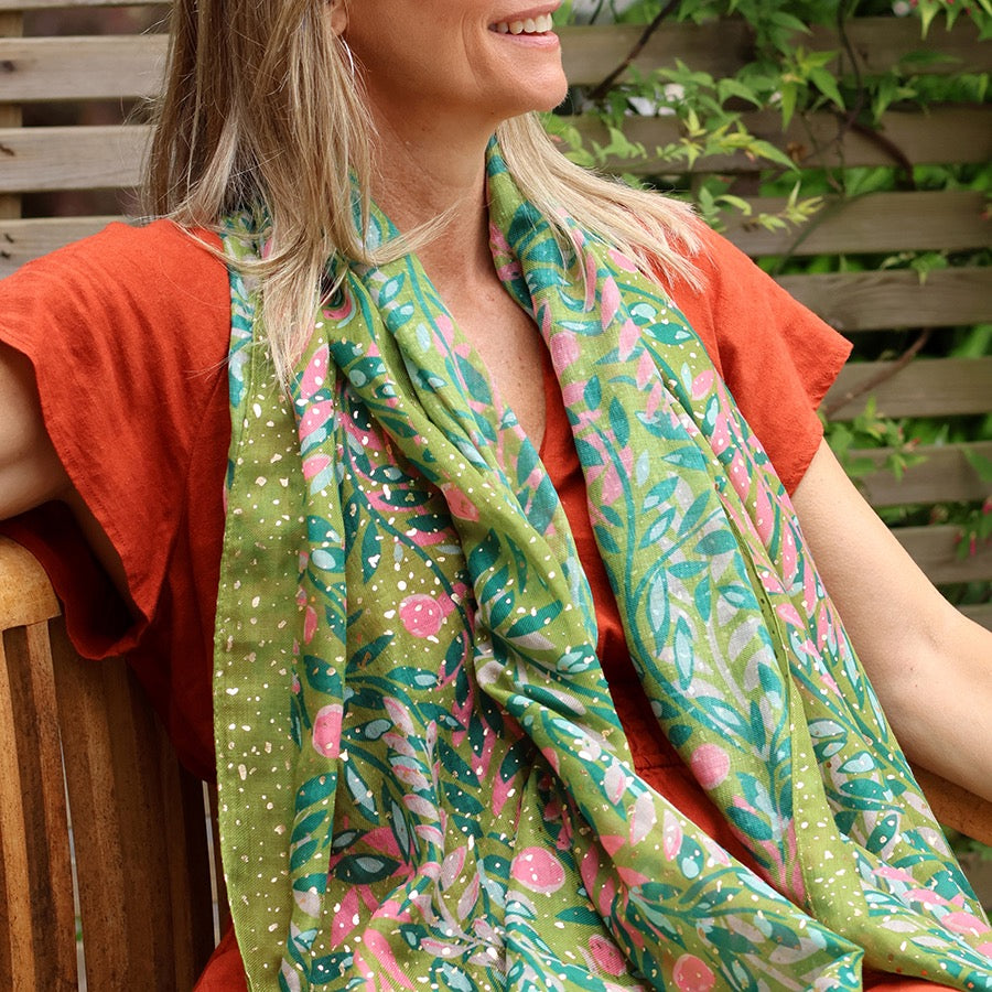 POM - Lime Floral Vines &amp; Metallic Foil - Recycled Blend Scarf