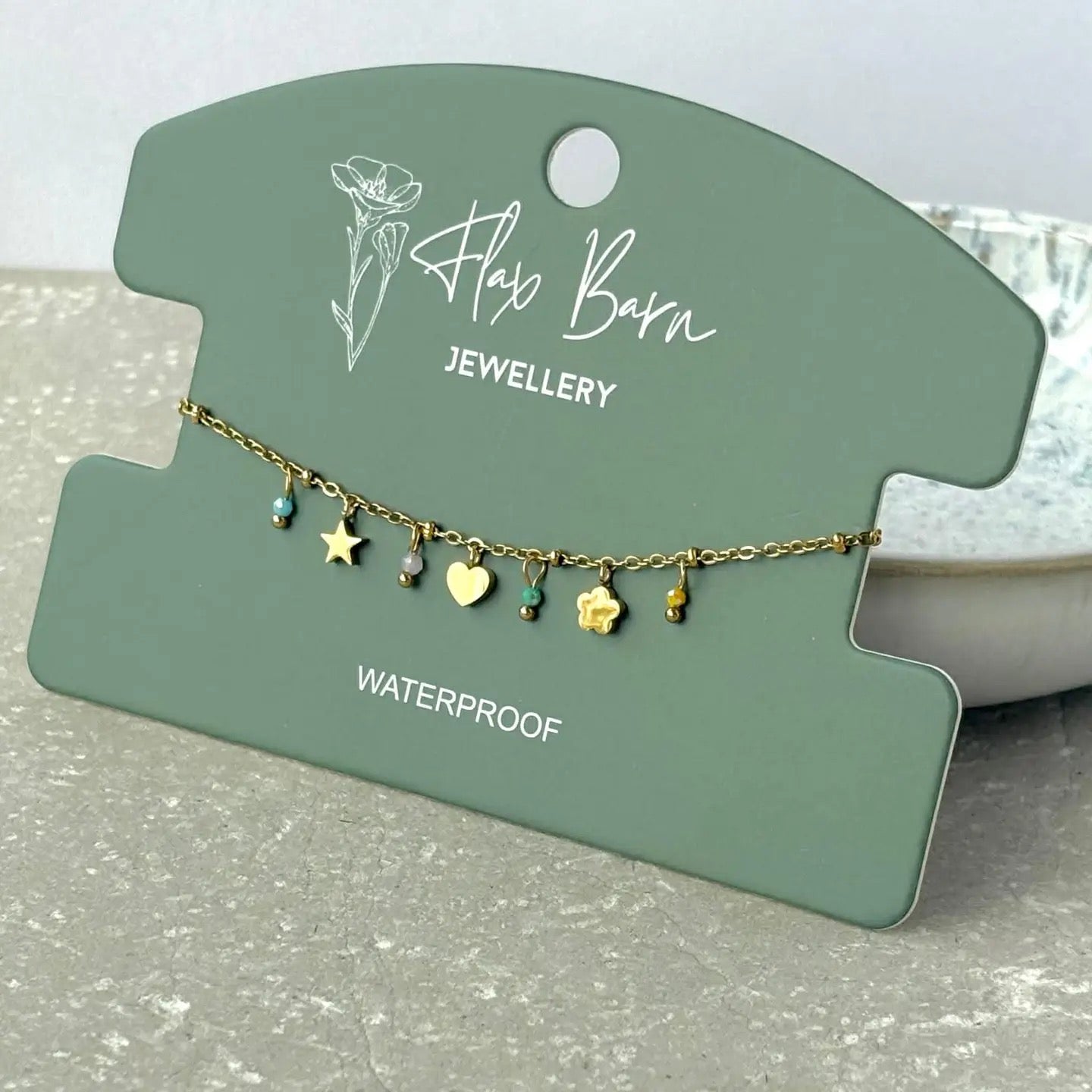 Multi Heart, Flower &amp; Star Bead Charm Chain Gold Bracelet- Flax Barn Waterproof Jewellery