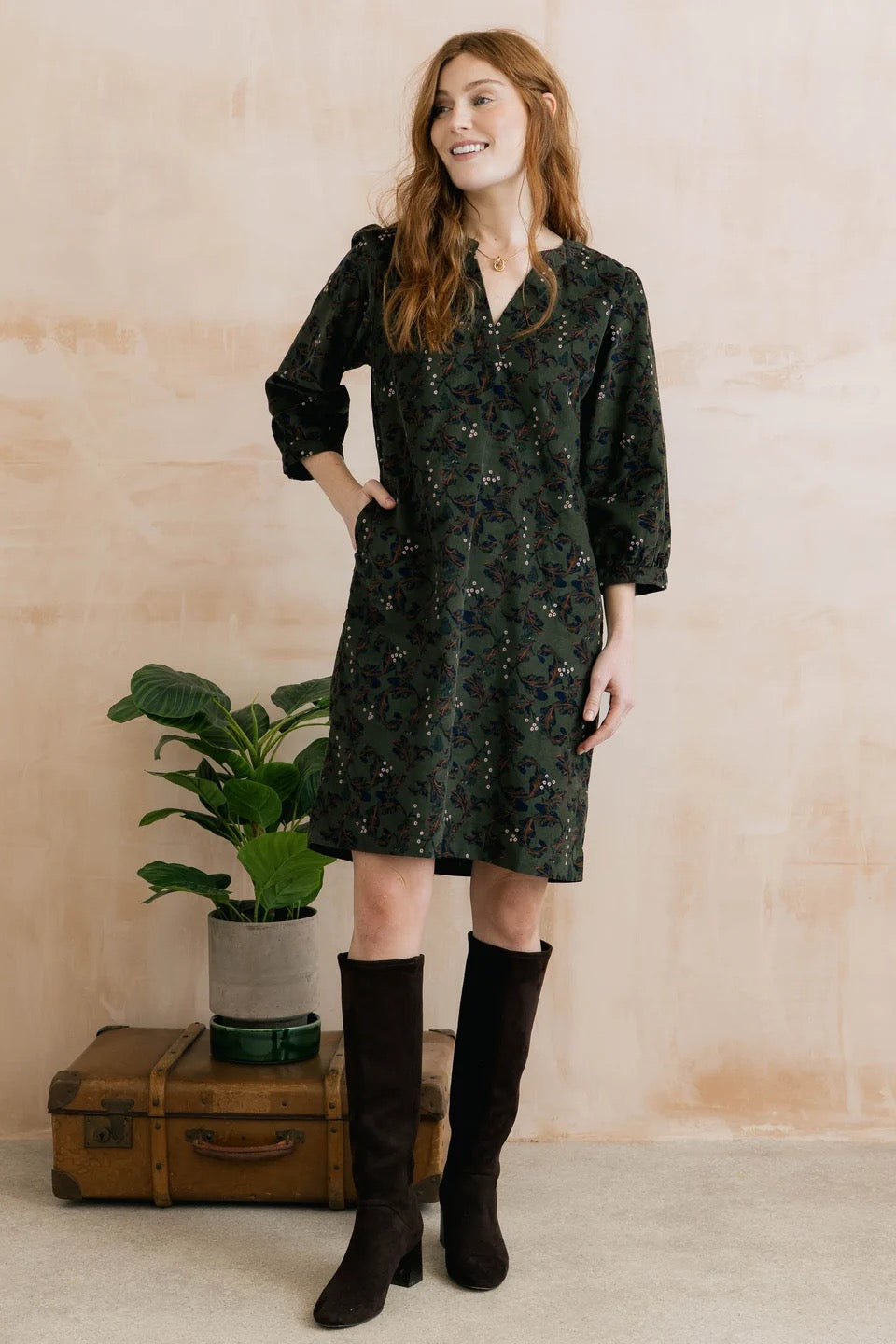 Harvest Trailing Leaves Print Pincord Midi Dress - Dark Olive - Lily &amp; Me