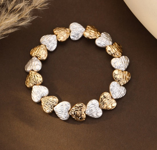 Gracee Jewellery - Gold &amp; Silver Textured Hearts- Stretch Bracelet