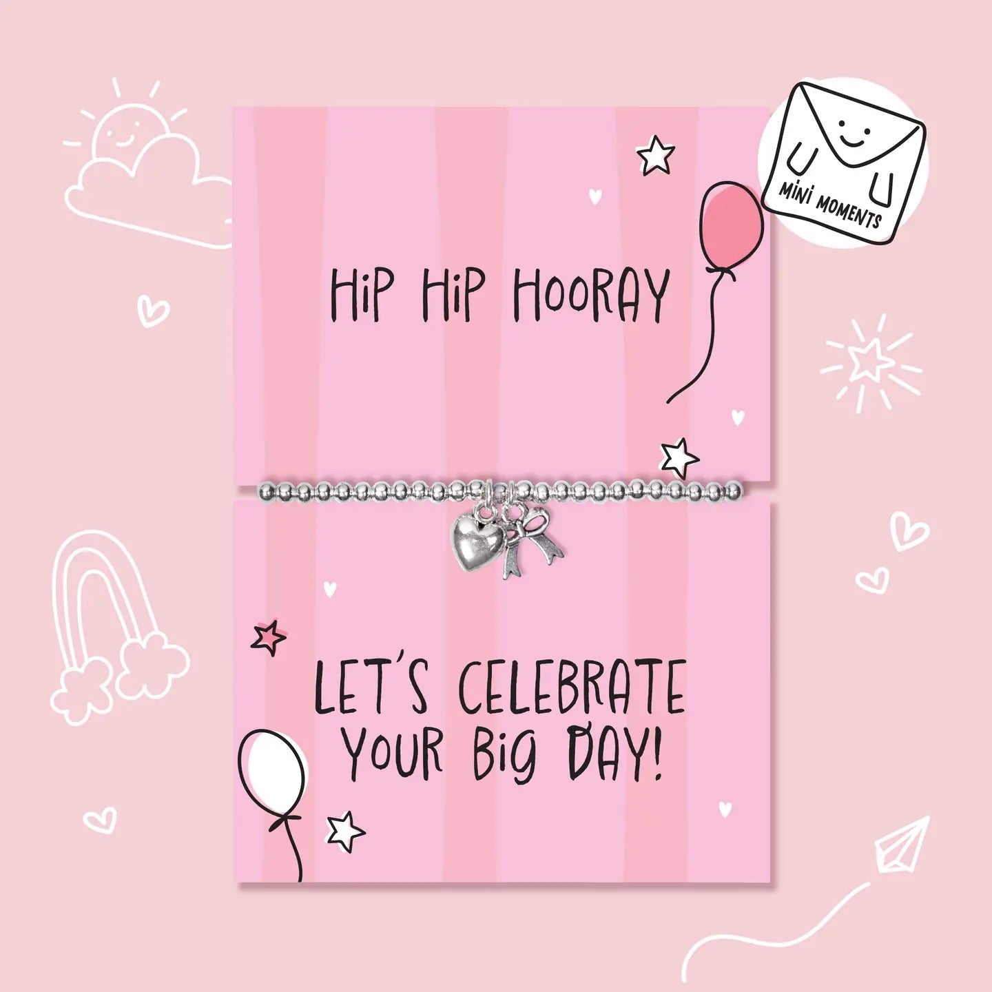 Letterbox Love -Hip Hip Hooray - Heart &amp; Bow - CHILDREN'S - Silver Plated Stretch Bracelet