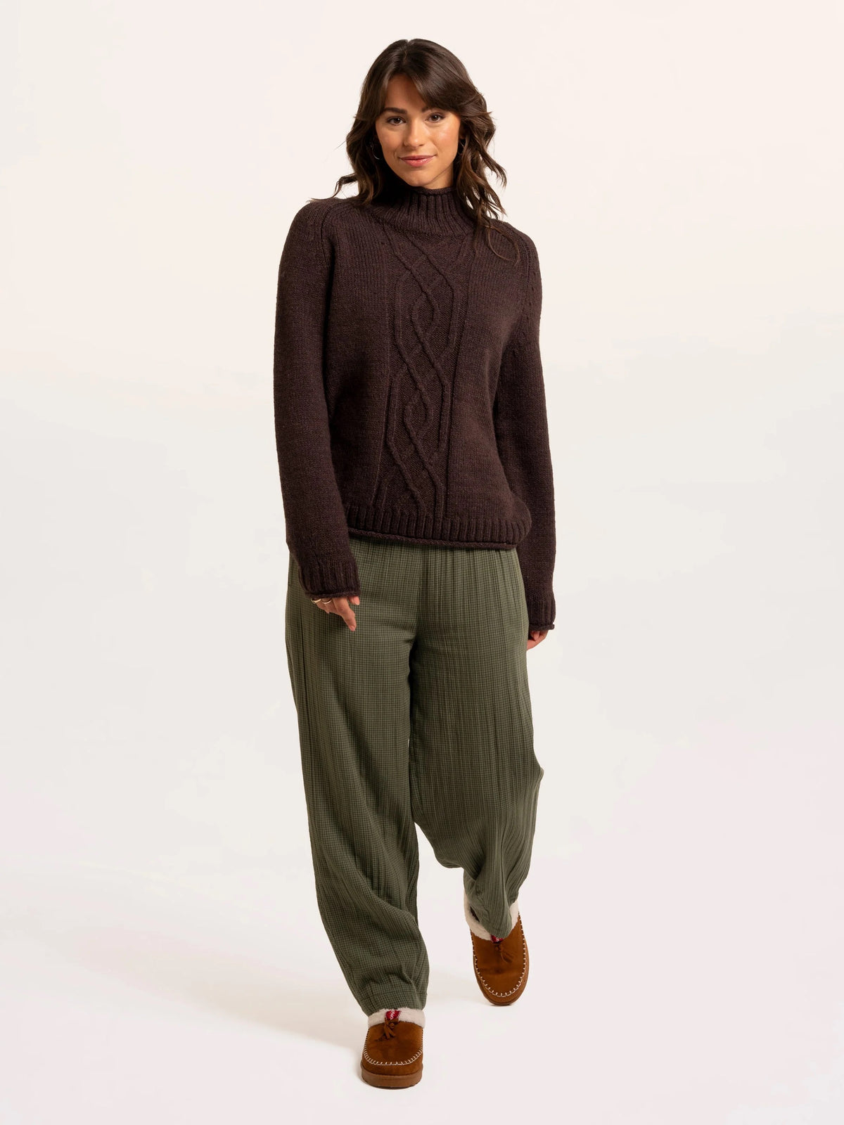 Brakeburn - Agnes - Textured Stitch Knitted Roll Neck Jumper - Chocolate