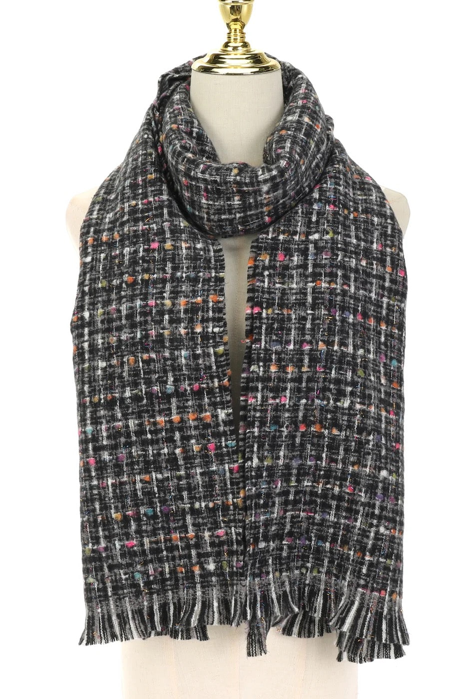 Park Lane - Check Patterned Cosy Tassel Scarf - Ebony/Multicoloured