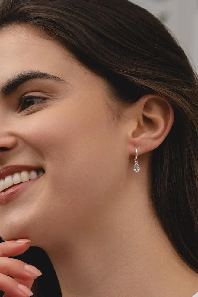 Lanes -  CZ Crystal Teardrop Charm Hoops - Boxed Earrings - Silver