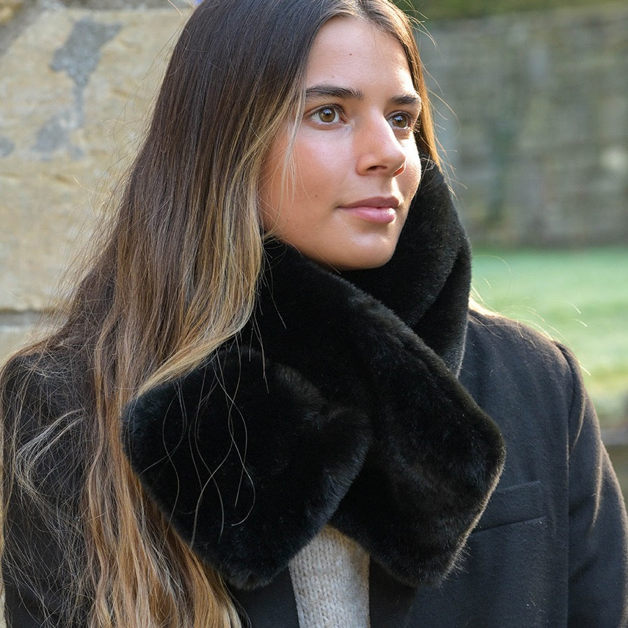 POM - Black - Supersoft Faux Fur - Pull Through Crossover Scarf