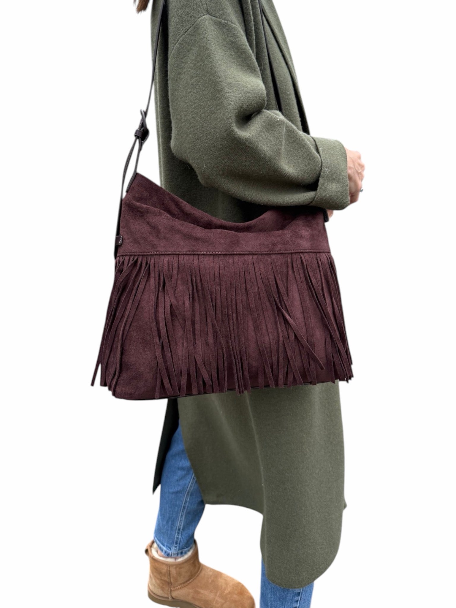 David Jones - (CM8723) - Tassel Faux Suede Large Crossbody/Shoulder Handbag - Dark Bordeau