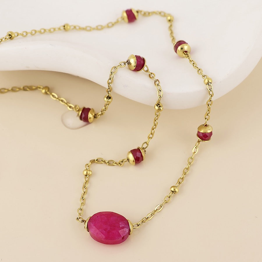 POM WATERPROOF - Poppy Gold Plated Stainless Steel Pink Beads Station Chain Necklace
