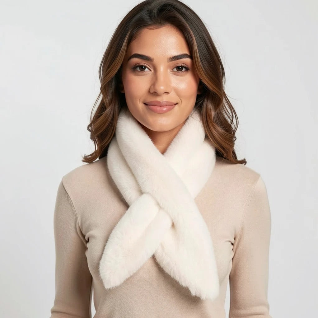 Park Lane - Satin Lined - Faux Fur Pull Through Scarf - Winter White