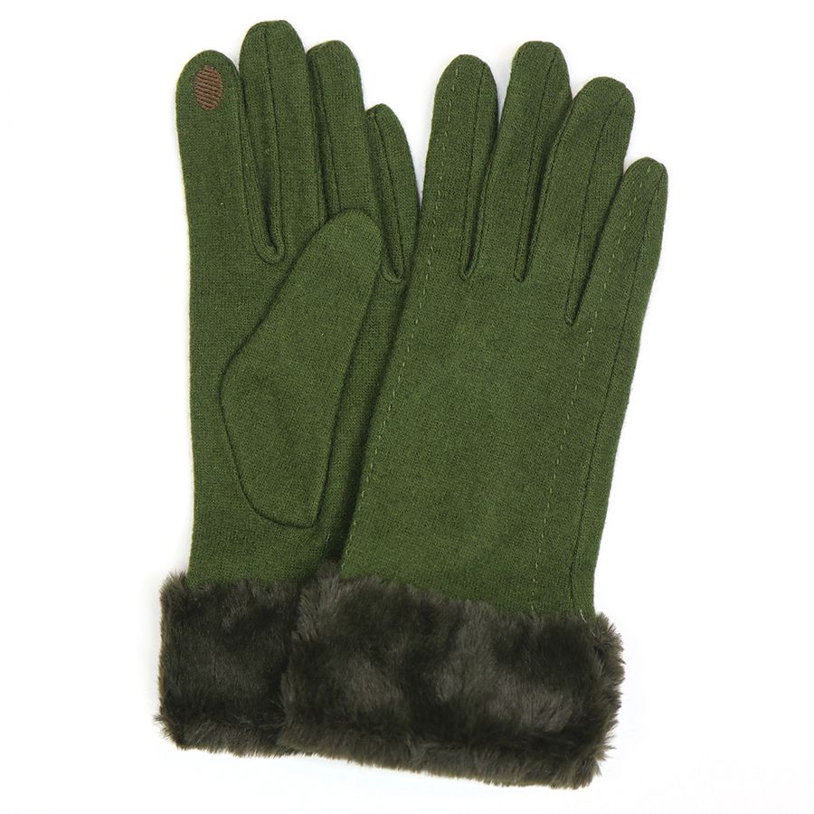 Olive Green Wool Blend & Faux Fur Cuff Gloves