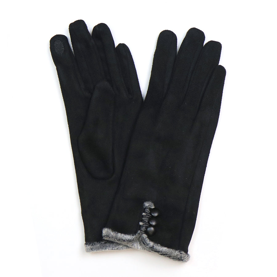 POM Black Faux Suede Grey Fur & Button Detail Ladies Gloves