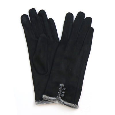 POM Black Faux Suede Grey Fur & Button Detail Ladies Gloves