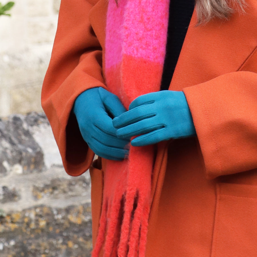 POM Cobalt Blue Faux Suede Grey Fur & Button Detail Ladies Gloves