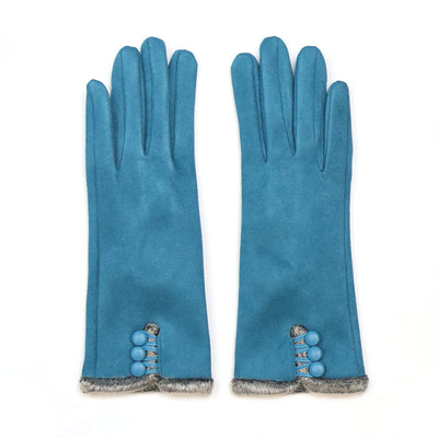 POM Cobalt Blue Faux Suede Grey Fur & Button Detail Ladies Gloves