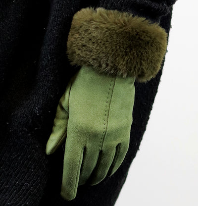 POM Olive Green Faux Suede & Faux Fur Cuff Gloves