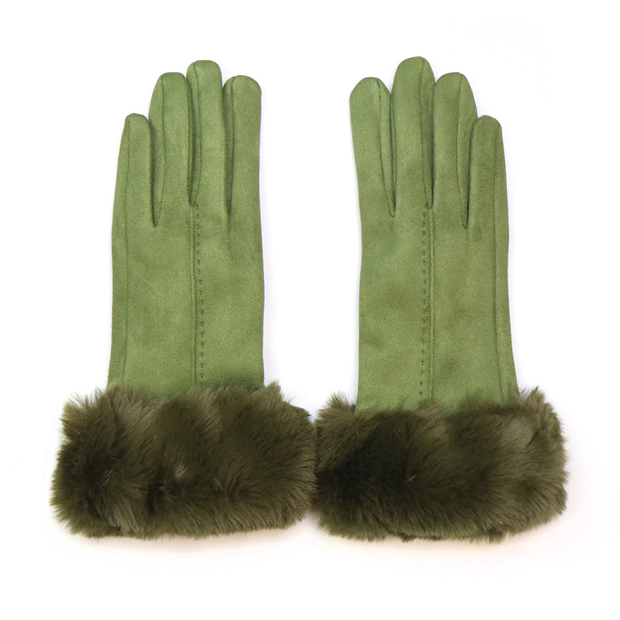 POM Olive Green Faux Suede & Faux Fur Cuff Gloves