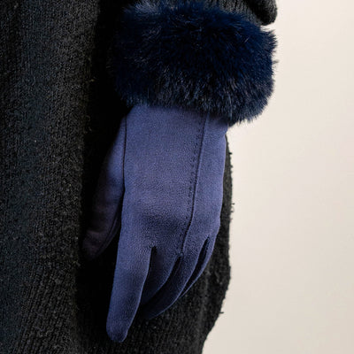 POM Navy Blue Faux Suede & Faux Fur Cuff Gloves