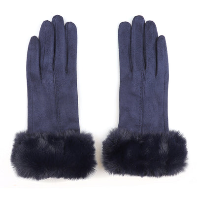 POM Navy Blue Faux Suede & Faux Fur Cuff Gloves