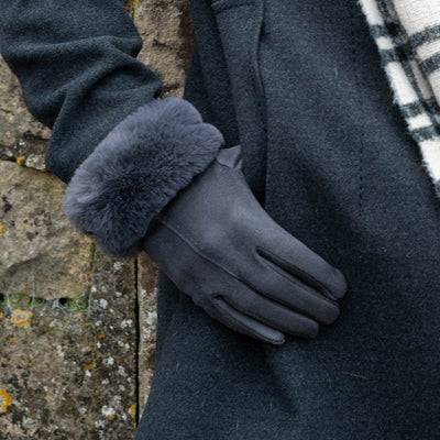 POM Dark Grey Faux Suede & Faux Fur Cuff Gloves