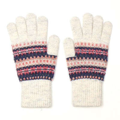 POM Cream/Denim/Coral Fairisle Print Knitted Wool Blend Gloves