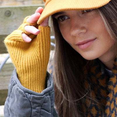 POM Mustard Ribbed Knit Fingerless Gloves