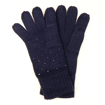 POM Deep Navy Blue Gloves Studded Diamante Embellished Knitted Gloves