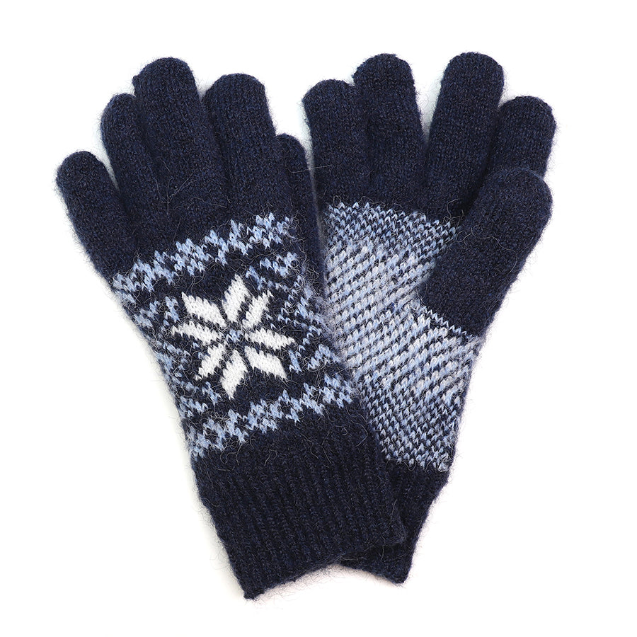 POM Navy Nordic Starflower Fleece Lined Wool Gloves